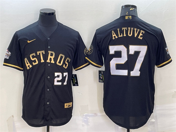 Men's Houston Astros #27 Jose Altuve Black Gold 2022 World Series Stitched Baseball Jersey